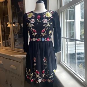 French Connection Black Floral Embroidered Long Sleeve Dress